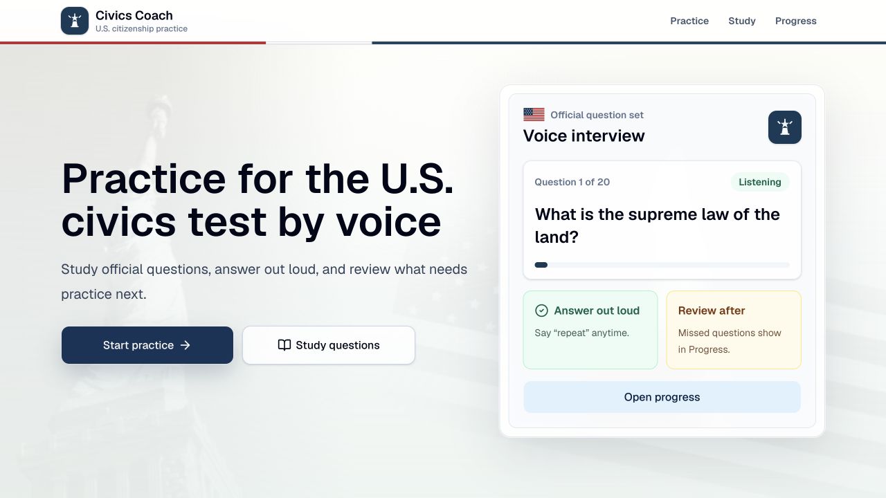 The actual Civics Coach homepage, with voice-practice, study, and progress features